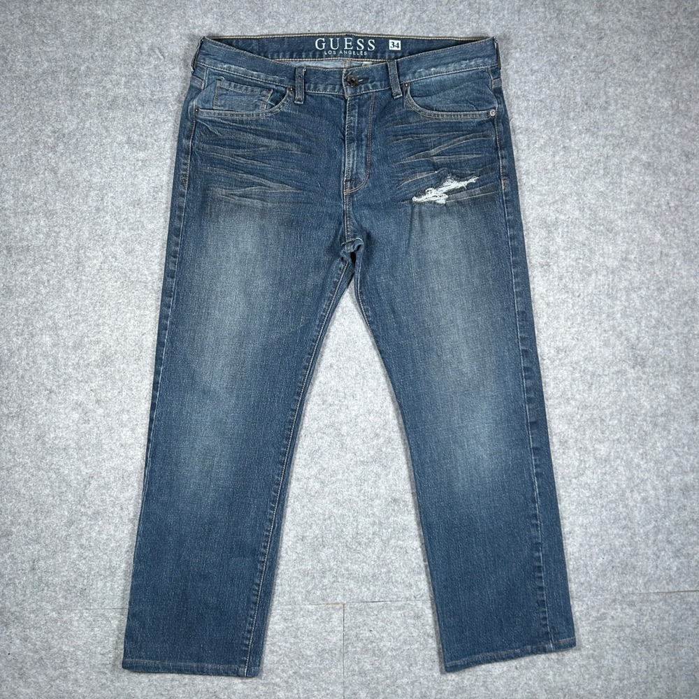 Guess Denim Jeans Mens 34‎ Blue Lincoln Slim Straight Distressed Casual